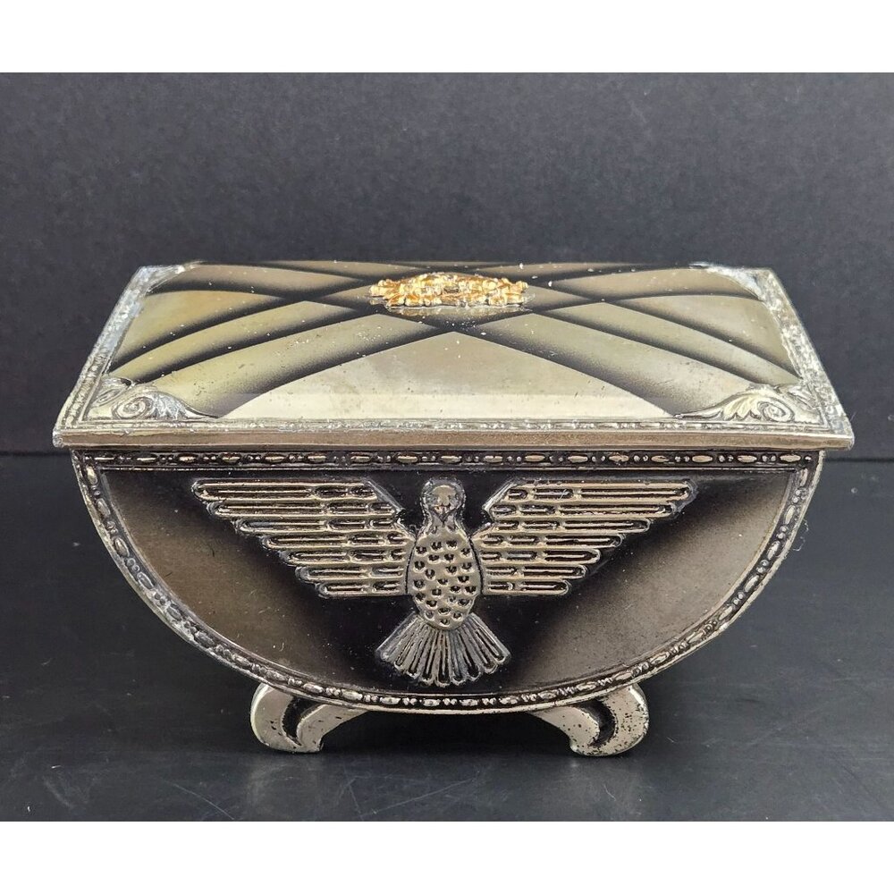 Vintage Metal Jewelry Box With Gold Floral Accent & Engraved Bird Design